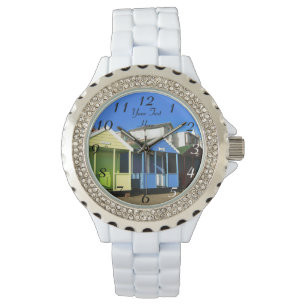 Beach huts blue skies engelse foto van zeezijde horloge