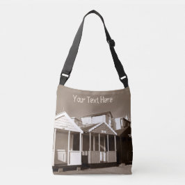 Beach huts blue skies engelse sepia seobe foto crossbody tas