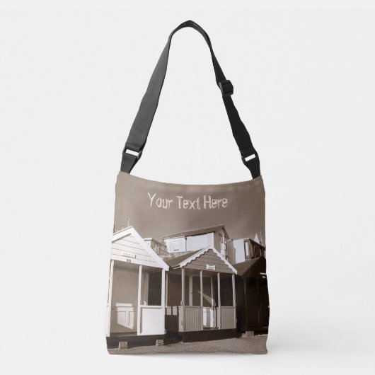 Beach huts blue skies engelse sepia seobe foto crossbody tas (Voorkant)
