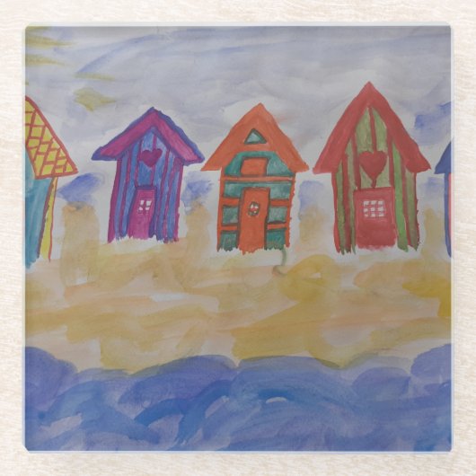 Beach Huts Glazen Onderzetter (Voorkant)