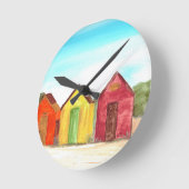 Beach huts stranden waterverf kleurrijk ronde klok (Hoek)