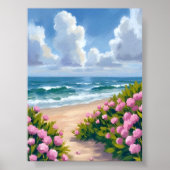 Beach in Bloom | Pink Hydrangea Oceanside Coastal Poster (Voorkant)