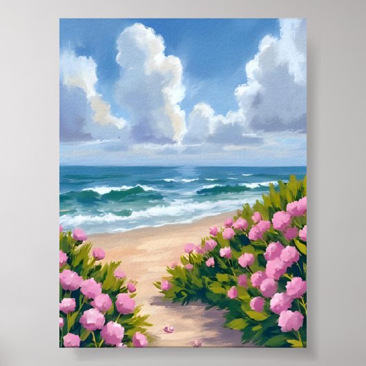 Beach in Bloom | Pink Hydrangea Oceanside Coastal Poster (Voorkant)
