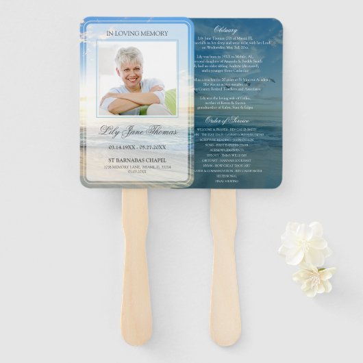 Beach in Loving Memory Funeral Program Handwaaier (Voorkant en achterkant)