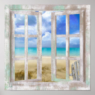 Beach in Open Window Kustafdruk Poster