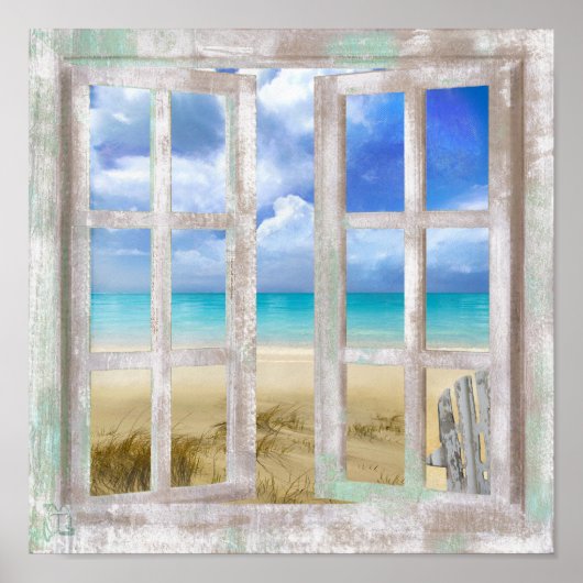 Beach in Open Window Kustafdruk Poster (Voorkant)