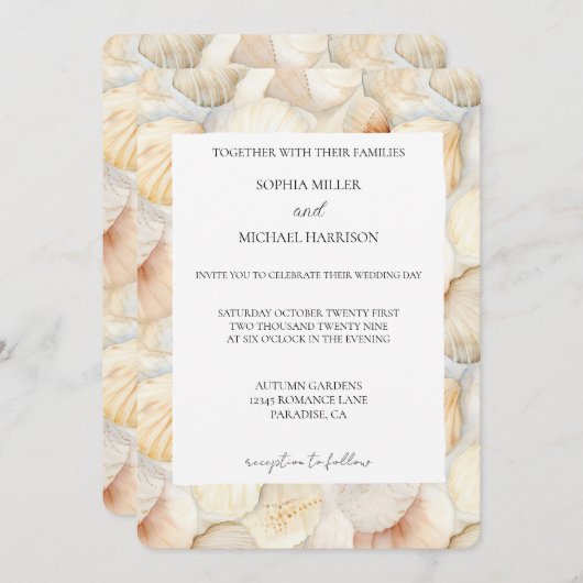 Beach Ivory Cream Sea Shells Wedding Kaart (Voorkant / Achterkant)