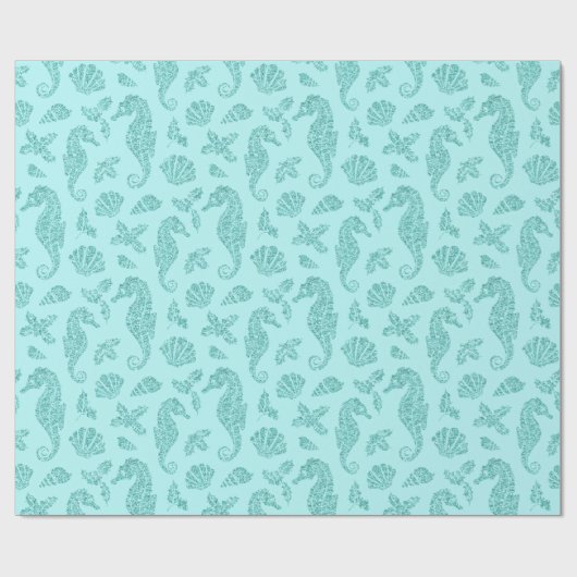 Beach kerst seahorse pattern Aqua Glitter Cadeaupapier (Vlak)
