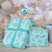Beach kerst seahorse pattern Aqua Glitter Cadeaupapier