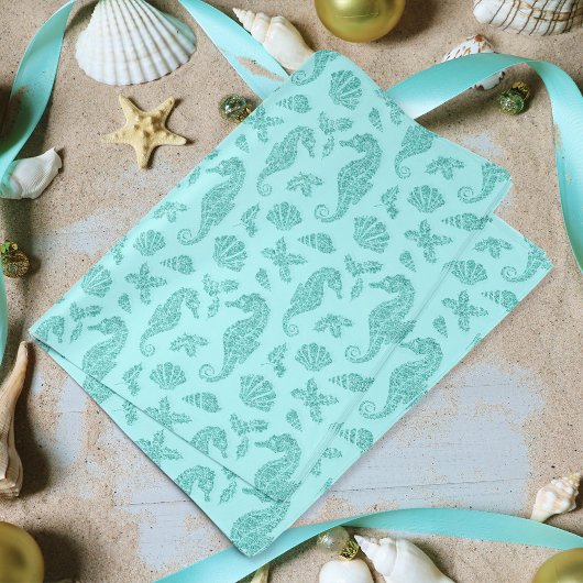 Beach kerst seahorse pattern Aqua Glitter Tissuepapier