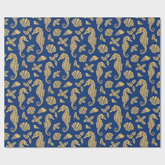 Beach kerst seahorse pattern Gold Navy Blue Cadeaupapier (Vlak)