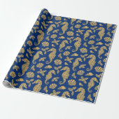 Beach kerst seahorse pattern Gold Navy Blue Cadeaupapier (Uitgerold)