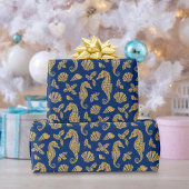 Beach kerst seahorse pattern Gold Navy Blue Cadeaupapier