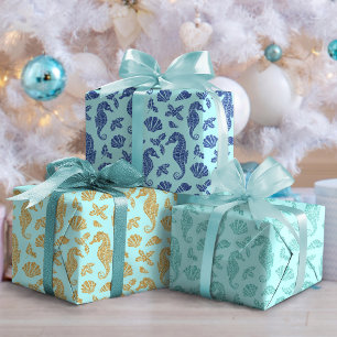 Beach Kerstmis Glitter Seahorse Pattern Aqua Blue Inpakpapier Vel