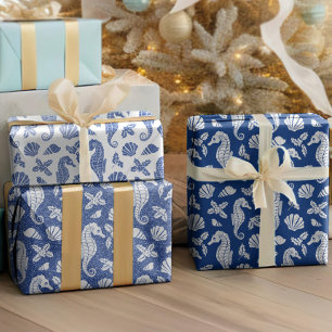 Beach Kerstmis Glitter Seapaarden Navarra Blue Inpakpapier Vel
