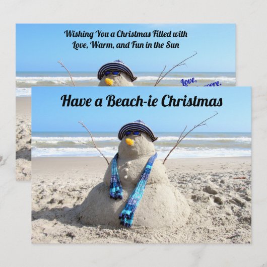 Beach Kerstmis Kaart-Sand Sculpture Snowman - flat Feestdagenkaart (Voorkant / Achterkant)