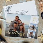 Beach Kerstscript 3 Photo Collage Gold Folie Feestdagenkaart<br><div class="desc">Voeg uw familiefoto's,  naam en jaardatum toe aan deze unieke vakantiekaart op het strand,  met elegante scriptbedekking "Zeeen "n Greetings" die met echte gouden folie is gedrukt.</div>