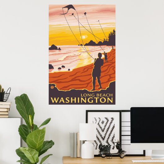 Beach & Kites - Long Beach, Washington Poster (Thuiskantoor)