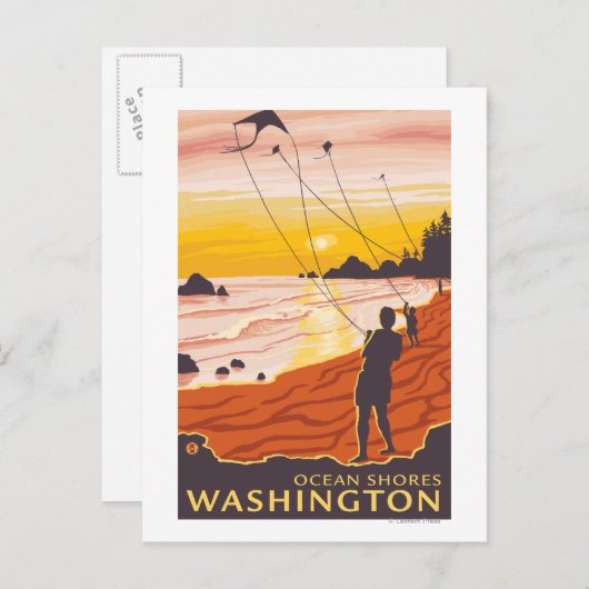 Beach & Kites - Ocean Shores, Washington Briefkaart (Voorkant / Achterkant)