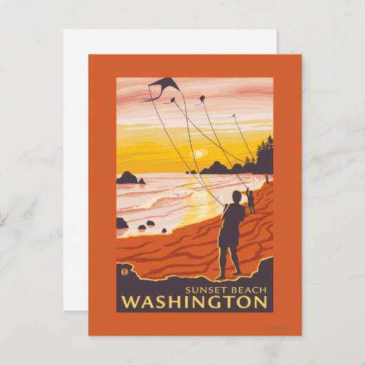 Beach & Kites - Sunset Beach, Washington Briefkaart (Voorkant / Achterkant)
