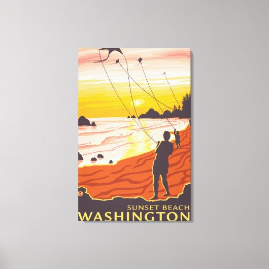 Beach & Kites - Sunset Beach, Washington Canvas Afdruk (Voorkant)