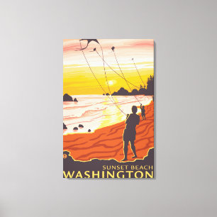Beach & Kites - Sunset Beach, Washington Canvas Afdruk