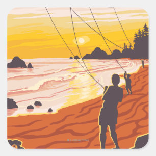 Beach & KitesCoastVintage Travel Poster Vierkante Sticker