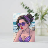 Beach Lady in de kleuren Bikini, Bandana en Shades Briefkaart (Staand voorkant)