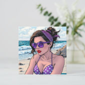 Beach Lady in de kleuren Bikini, Bandana en Shades Kaart (Staand voorkant)