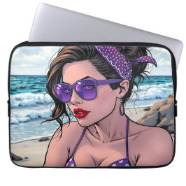 Beach Lady in de kleuren Bikini, Bandana en Shades Laptop Sleeve