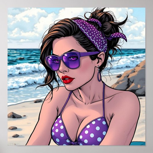 Beach Lady in de kleuren Bikini, Bandana en Shades Poster (Voorkant)
