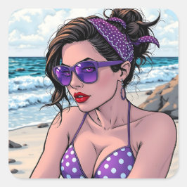 Beach Lady in de kleuren Bikini, Bandana en Shades Vierkante Sticker