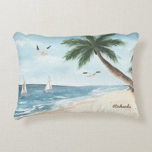 Beach Landscape met Sailboten Waterverf Blue Accent Kussen