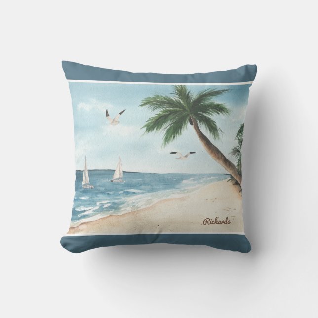 Beach Landscape met Sailboten Waterverf Blue Kussen (Voorkant)