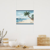 Beach Landscape met Sailboten Waterverf Blue Poster (Keuken)