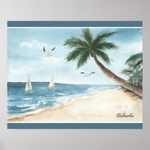 Beach Landscape met Sailboten Waterverf Blue Poster