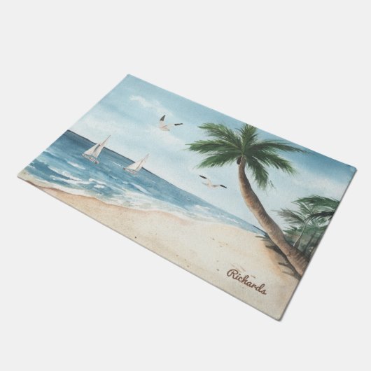 Beach Landscape met Sailships Waterverf Deurmat (Schuin)