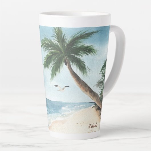 Beach Landscape met Sailships Waterverf Latte Mok (Rechterhoek)