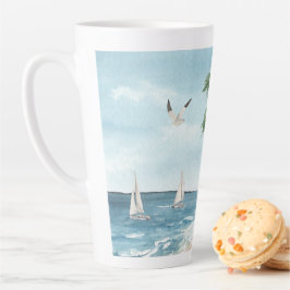 Beach Landscape met Sailships Waterverf Latte Mok