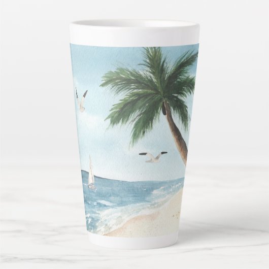 Beach Landscape met Sailships Waterverf Latte Mok (Voorkant)