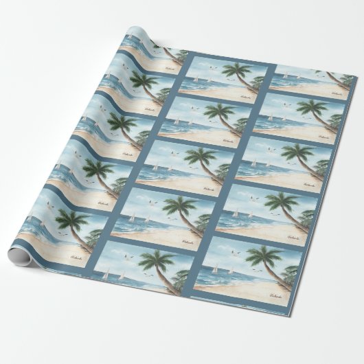 Beach Landscape met Sailships Waterverf Pattern Cadeaupapier (Uitgerold)