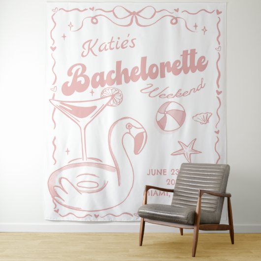 Beach Last Toast Pink Bachelorette Party Tapestry Wandkleed (In situ)