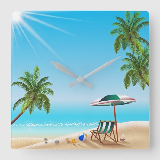 BEACH LIFE. BEACH BALL EN SUN UMBRELLA VIERKANTE KLOK (Voorkant)