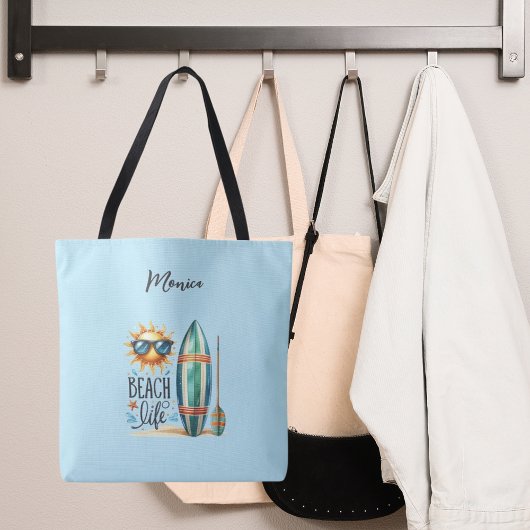 Beach life quote surven bordnaam tote bag