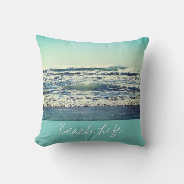 Beach Life Quottes Waves Ocean Coastal Water Blue Buitenkussen (Voorkant)