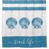 Beach life script blauwgroen zeeschelp wit rustiek douchegordijn (Voorkant)