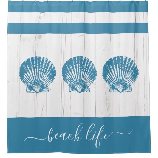Beach life script blauwgroen zeeschelp wit rustiek douchegordijn (Voorkant)