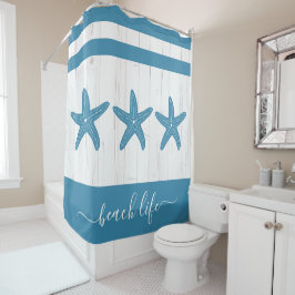 Beach life script blauwgroen zeester wit rustiek h douchegordijn
