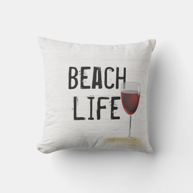 Beach Life Text op Whitewash-out hout Buitenkussen (Voorkant)