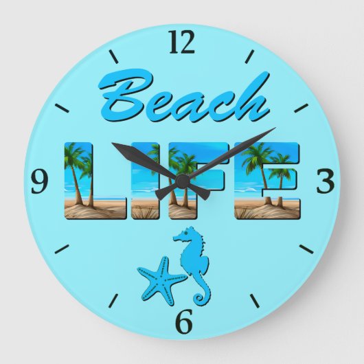 Beach Life Woordkunst met Zand en Palmbomen Grote Klok (Voorkant)